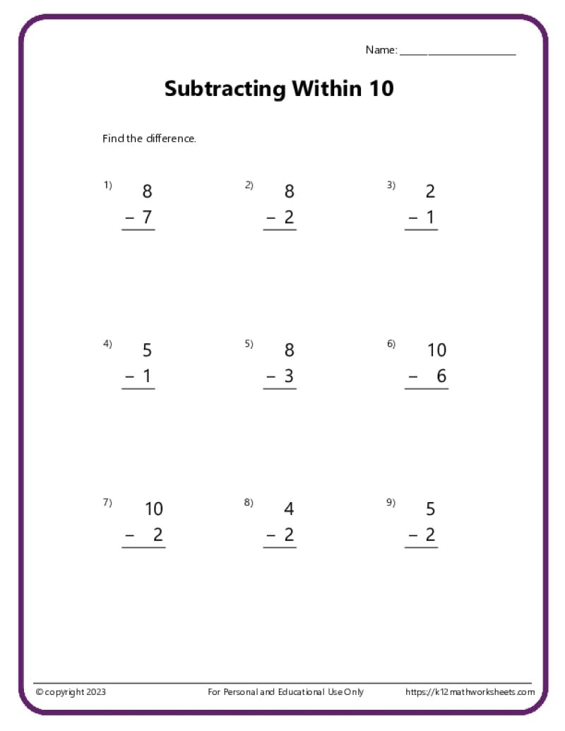 subtraction within 10 worksheet