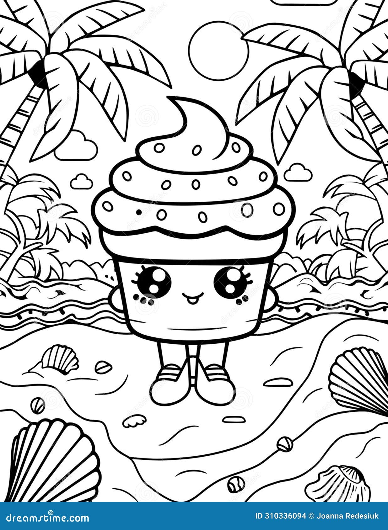 Summer Coloring Page For Children Kawaii Cupcakes On Tropical Beach Stock Illustration Illustration Of Silhouette Animal 310336094
