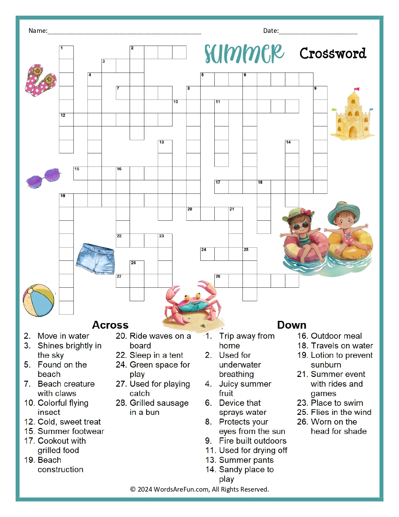summer crossword puzzle printable