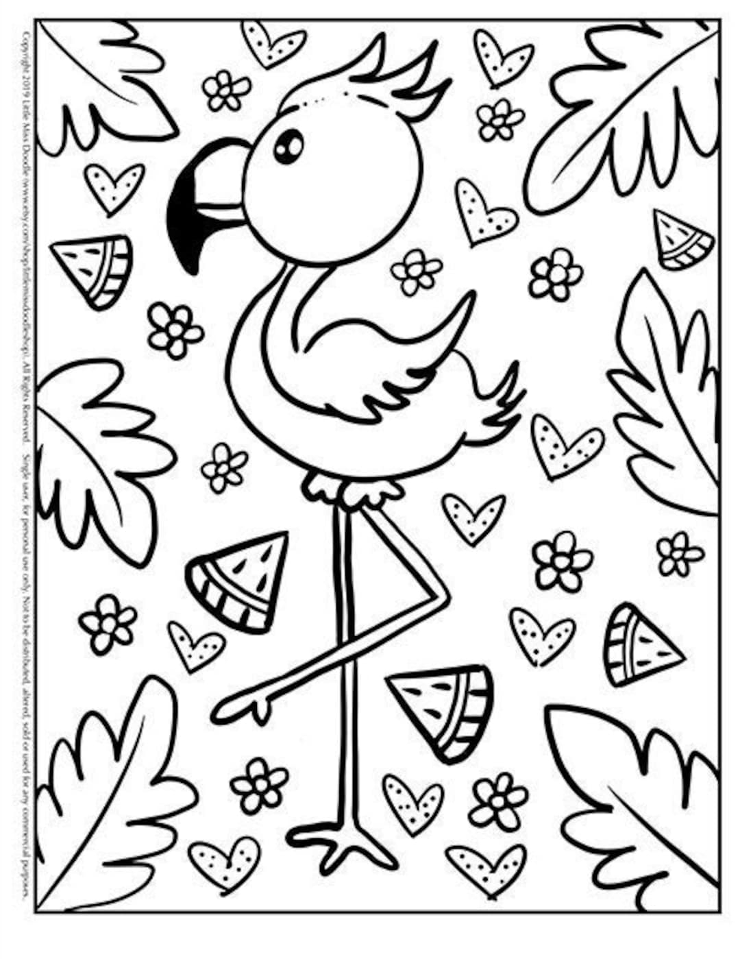 Summer Time Flamingo Doodle Printable Cute Kawaii Coloring Page For Kids And Adults Etsy