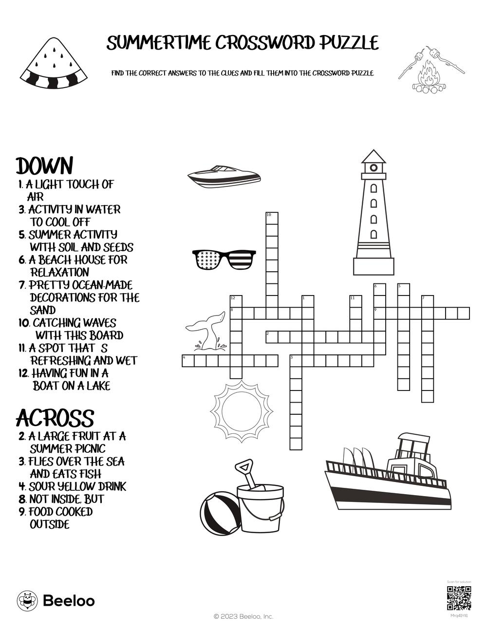 Summertime Crossword Puzzle Beeloo Printable Crafts And Activities For Kids