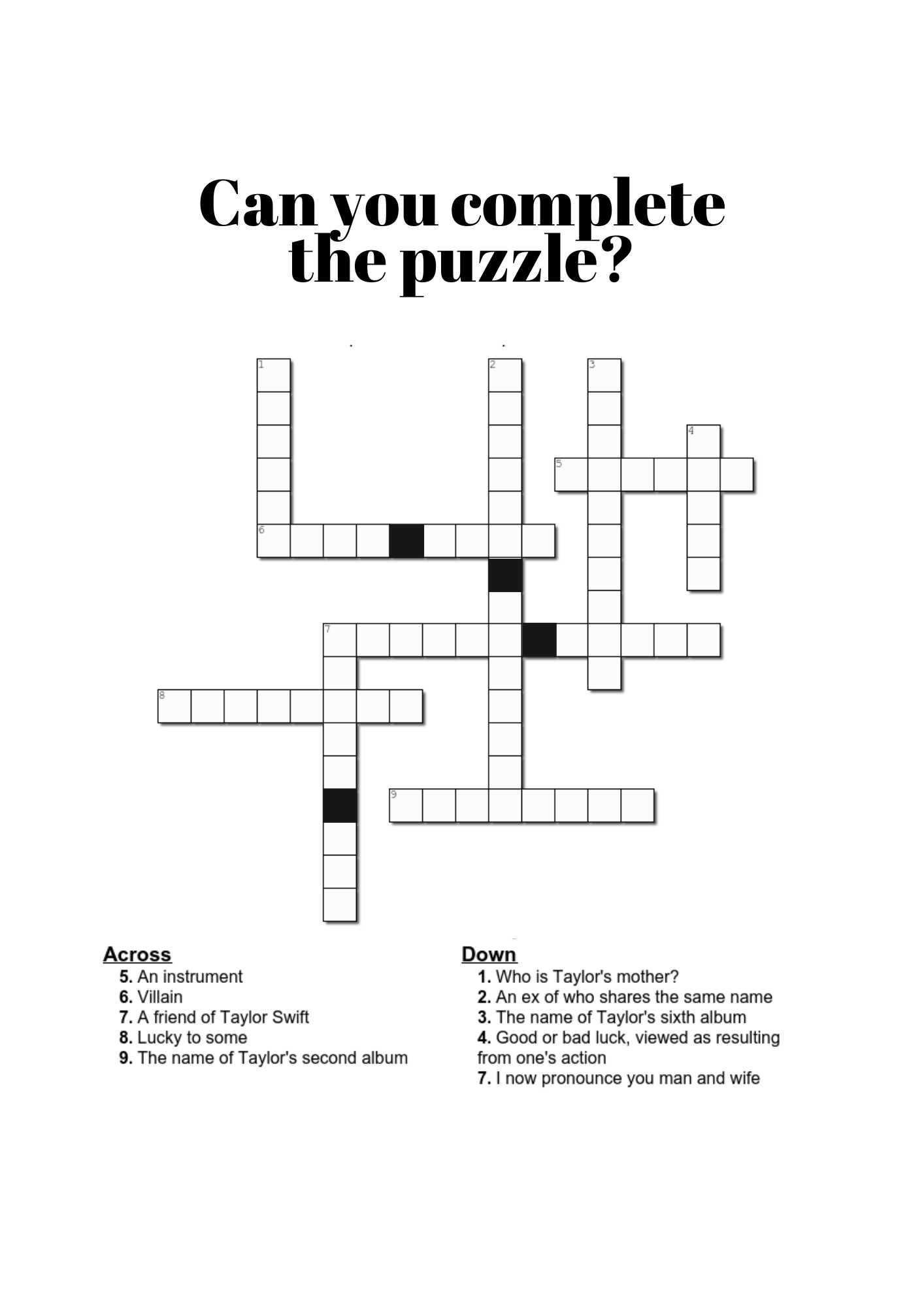 Taylor Swift Crosswords Weeno Social Party Planning Made Easy