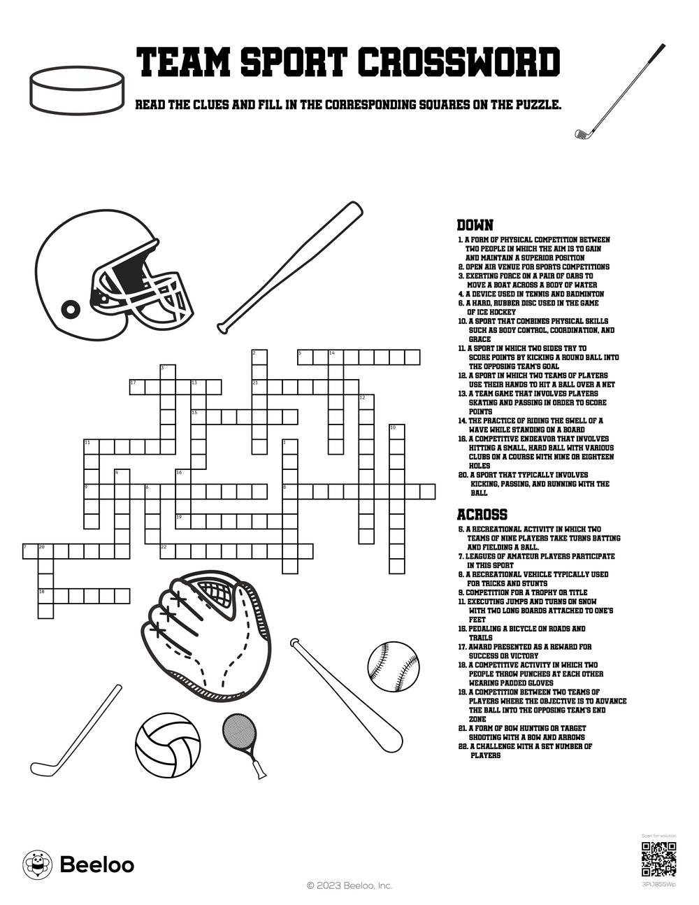 Team Sport Crossword Beeloo Printable Crafts And Activities For Kids