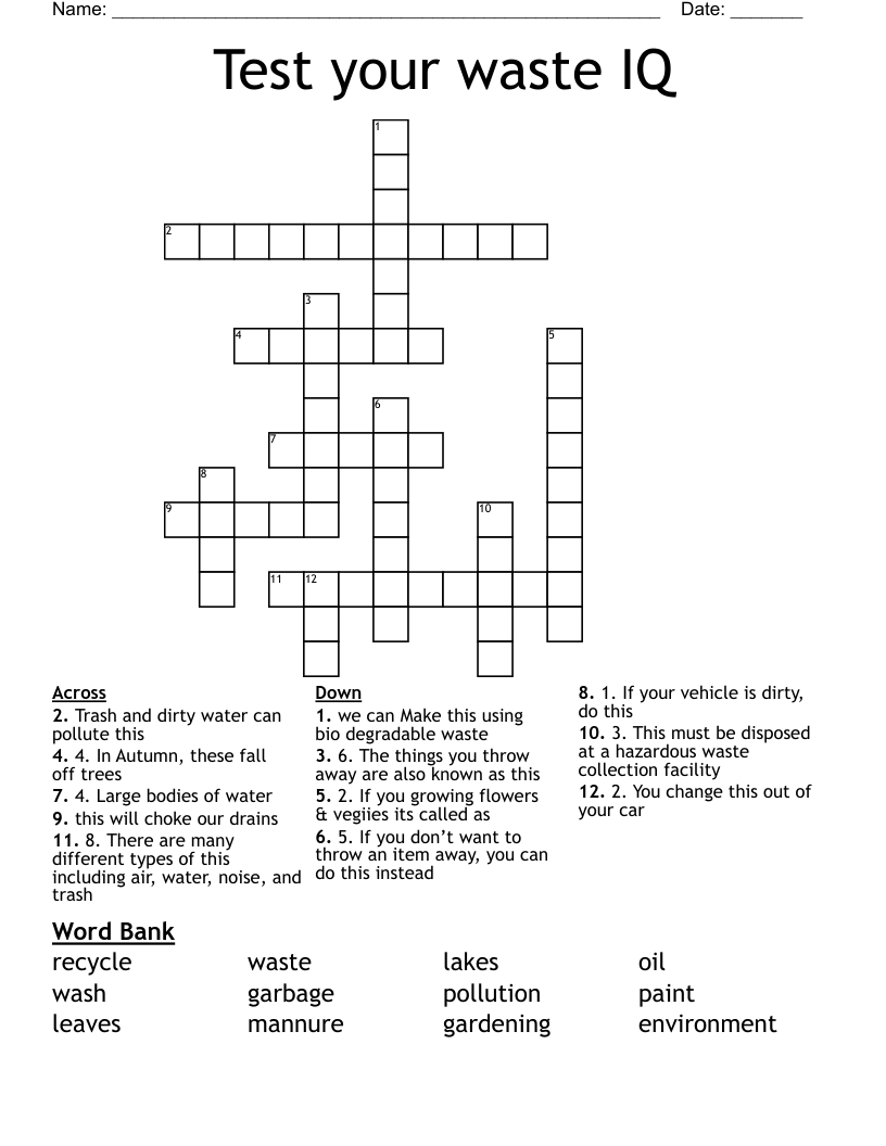 Test Your Waste IQ Crossword WordMint
