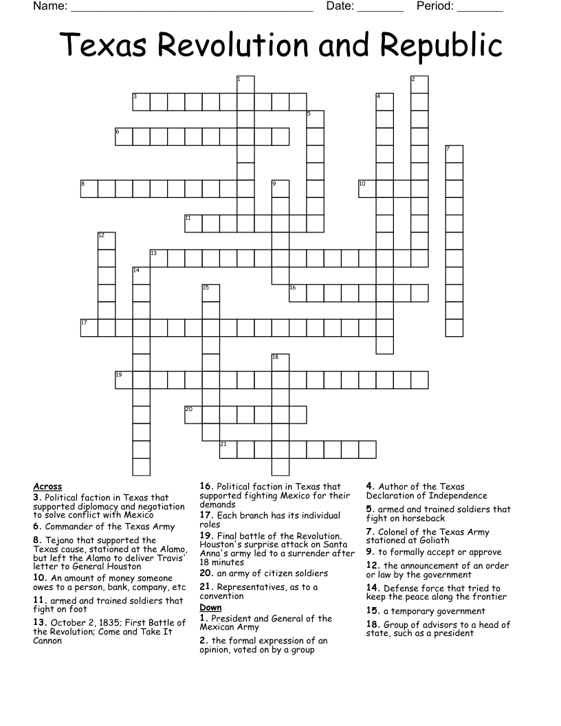 Texas Revolution And Republic Crossword WordMint