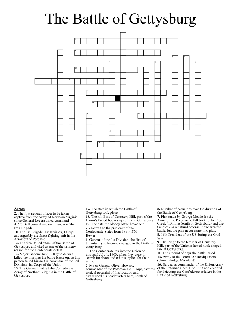 The Battle Of Gettysburg Crossword WordMint