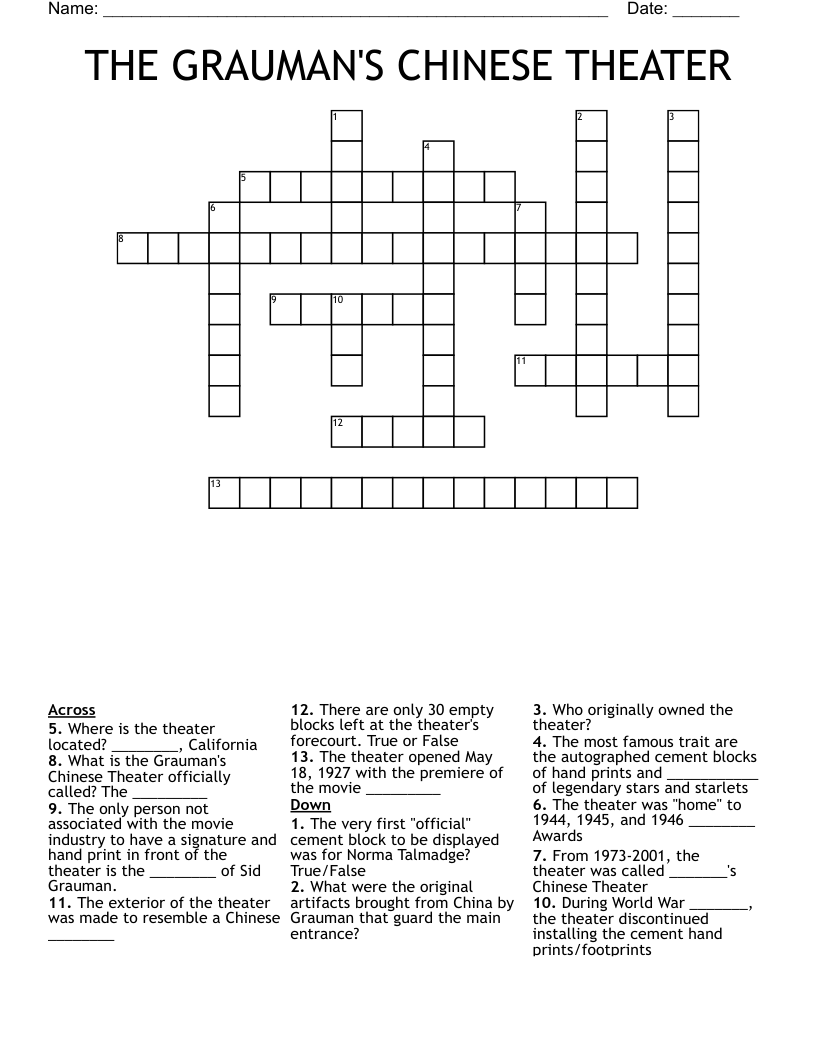THE GRAUMAN S CHINESE THEATER Crossword WordMint