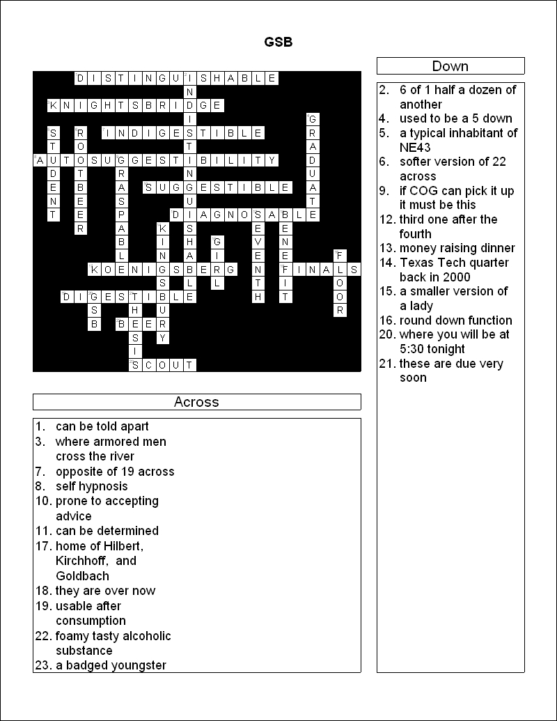 The GSB Crossword Answers