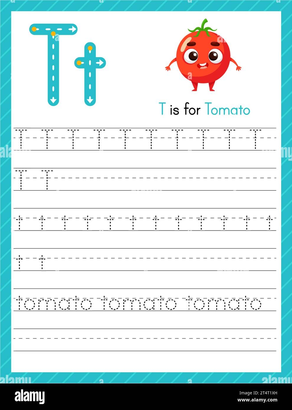 Trace Letter T Uppercase And Lowercase Alphabet Tracing Practice Preschool Worksheet For Kids Learning English With Cartoon Tomato Activity Page For Stock Vector Image Art Alamy