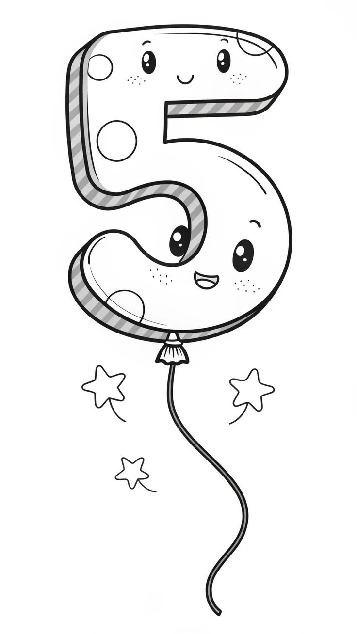 Trendy Kawaii Number 5 Balloon Coloring Page FREE Printable For Fun Learning 