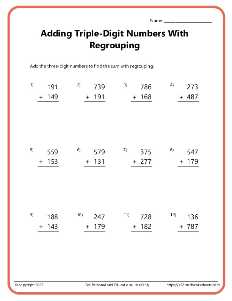 3 digit addition with regrouping