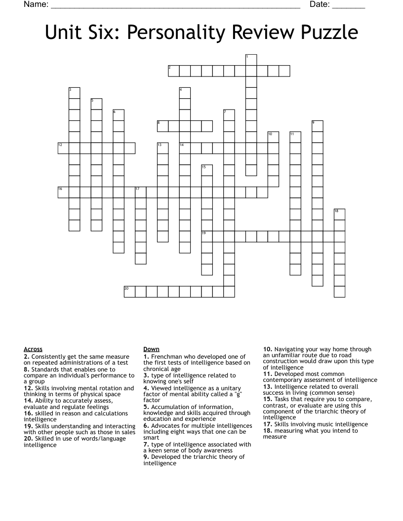 Unit Six Personality Review Puzzle Crossword WordMint