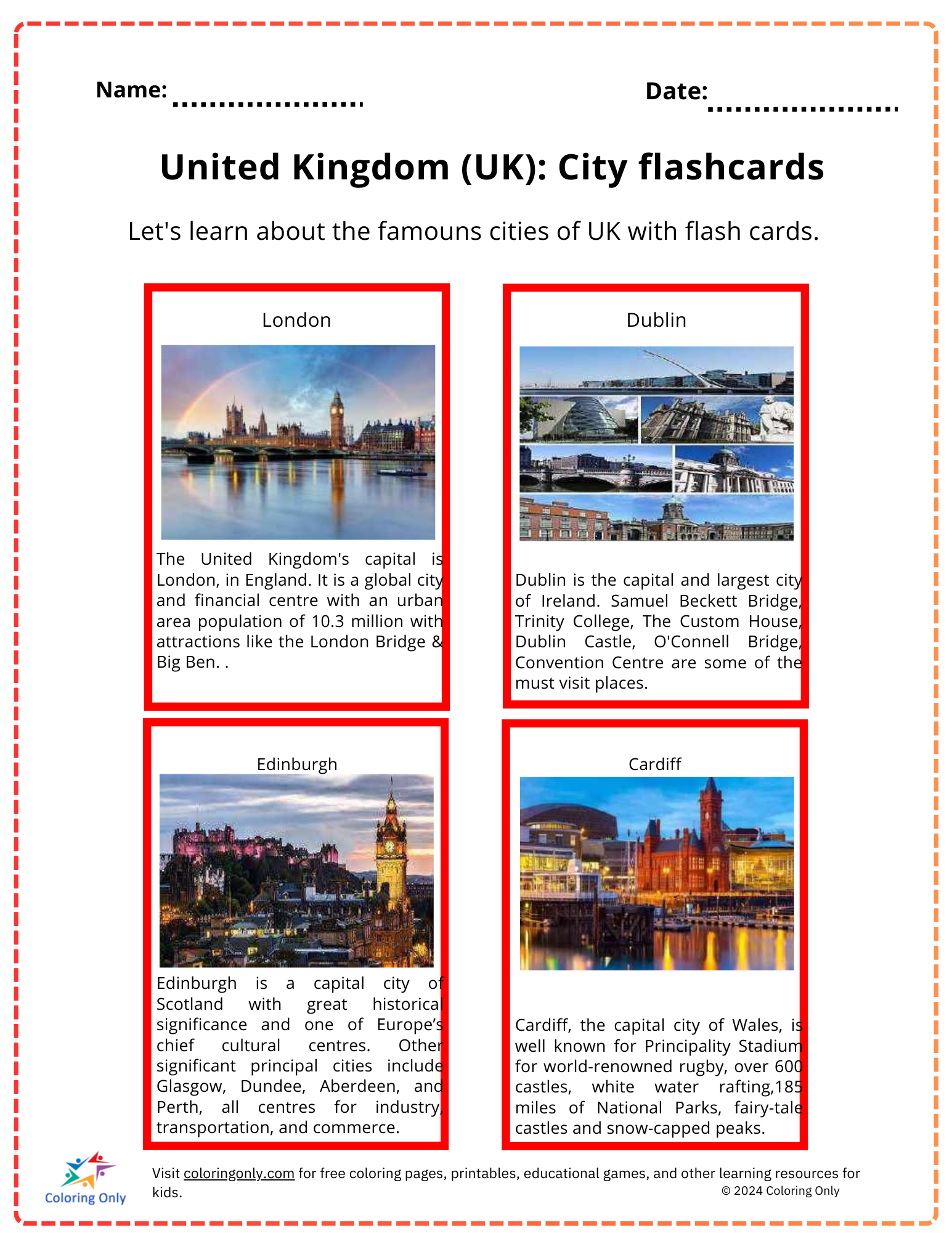 United Kingdom UK City Flashcards Free Printable Worksheet