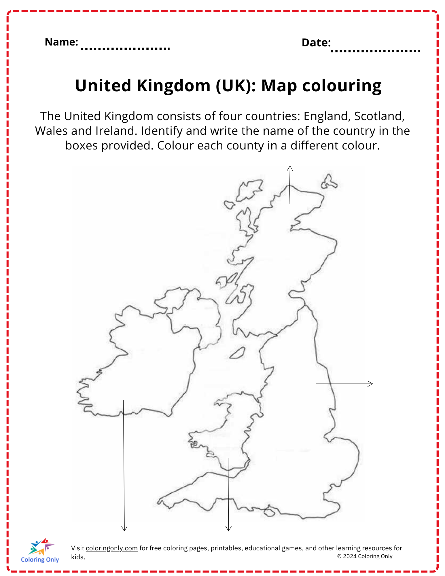 United Kingdom UK Map Colouring Free Printable Worksheet