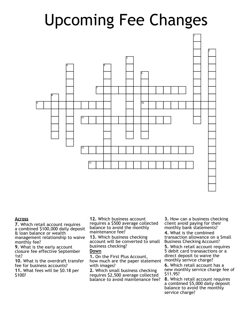 Upcoming Fee Changes Crossword WordMint