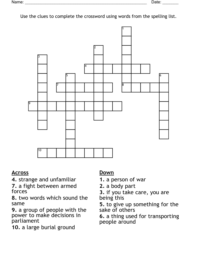 Use The Clues To Complete The Crossword Using Words From The Spelling List WordMint Use The Clues To Complete The Crossword Using Words From The Spelling List WordMint