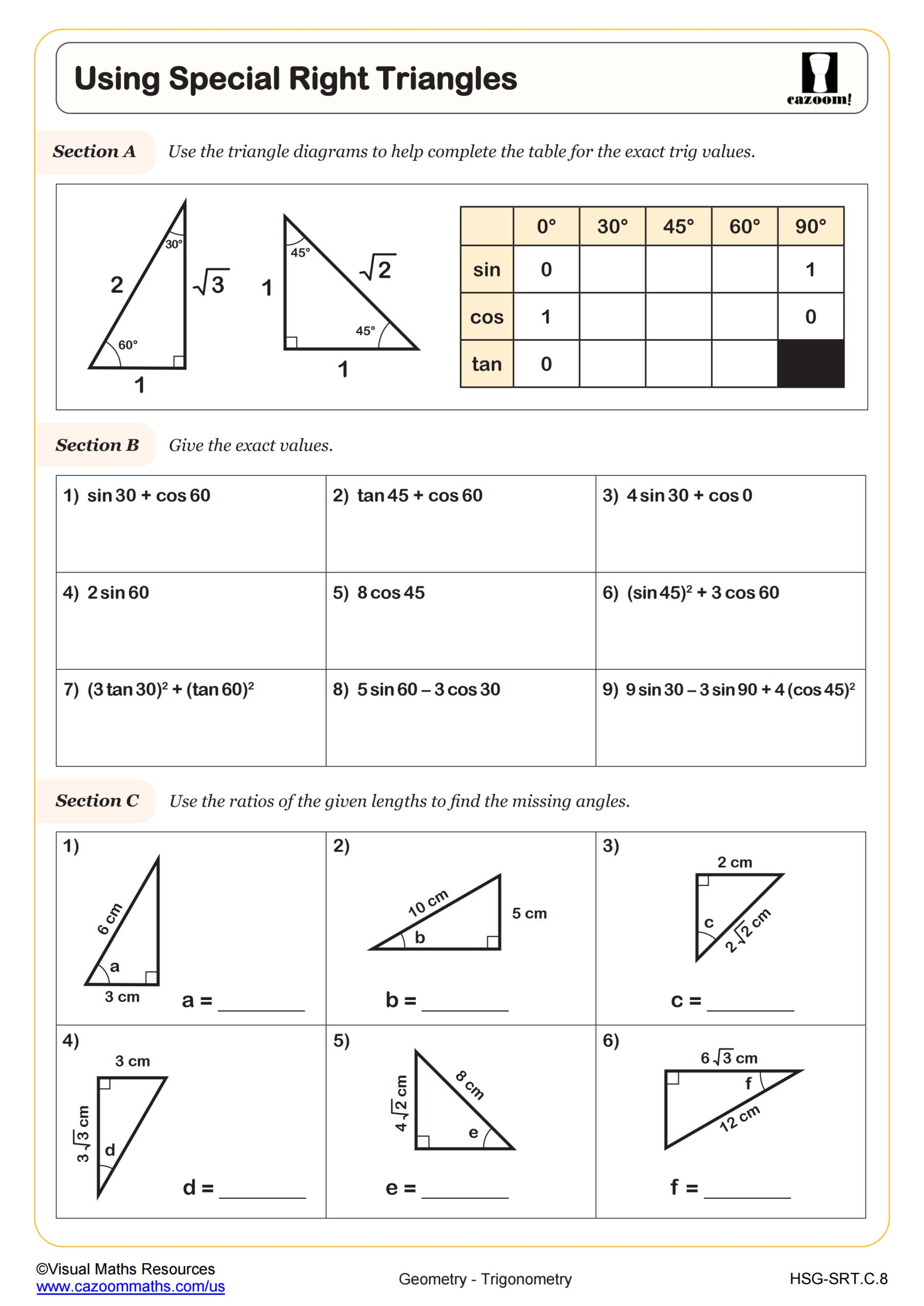 Using Special Right Triangles Worksheet PDF Printable Geometry Worksheet