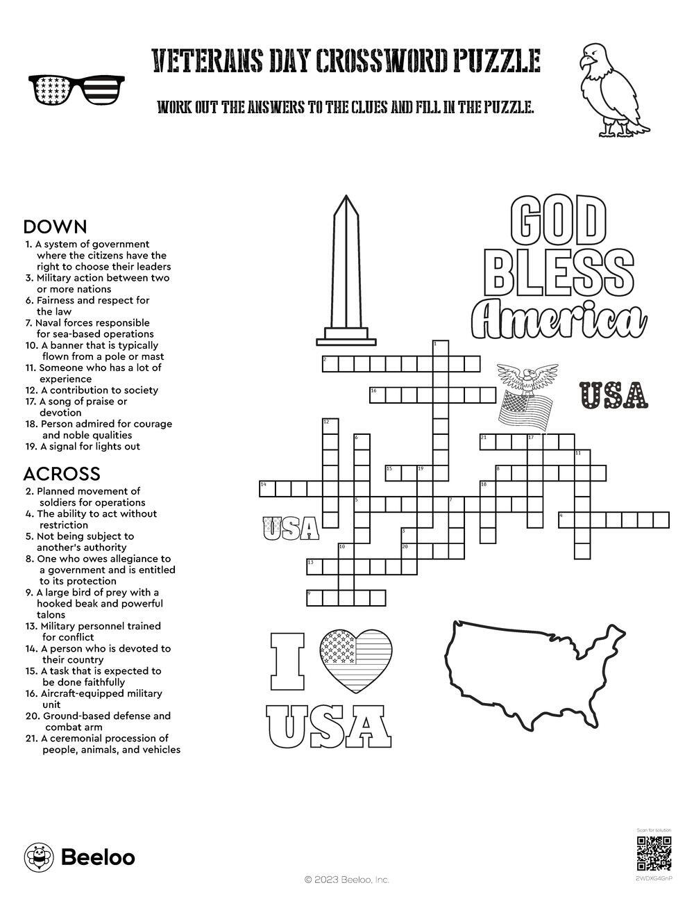 Veterans Day Crossword Puzzle Beeloo Printable Crafts And Activities For Kids