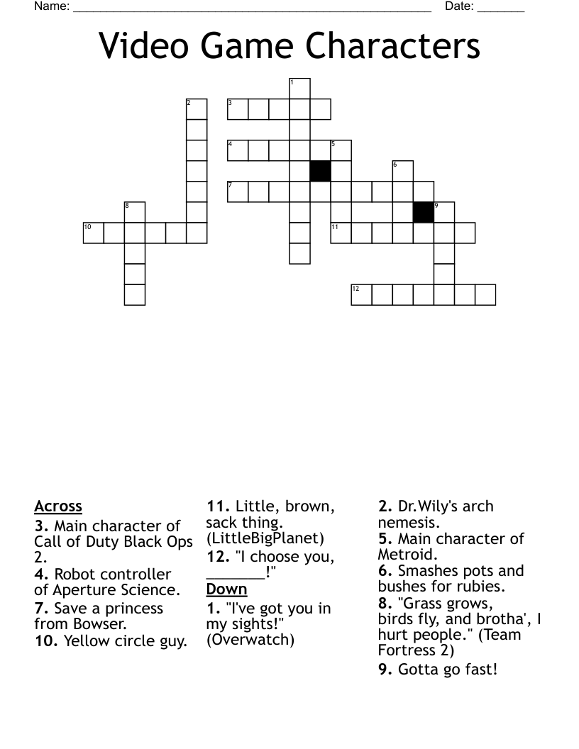 Video Game Characters Crossword WordMint