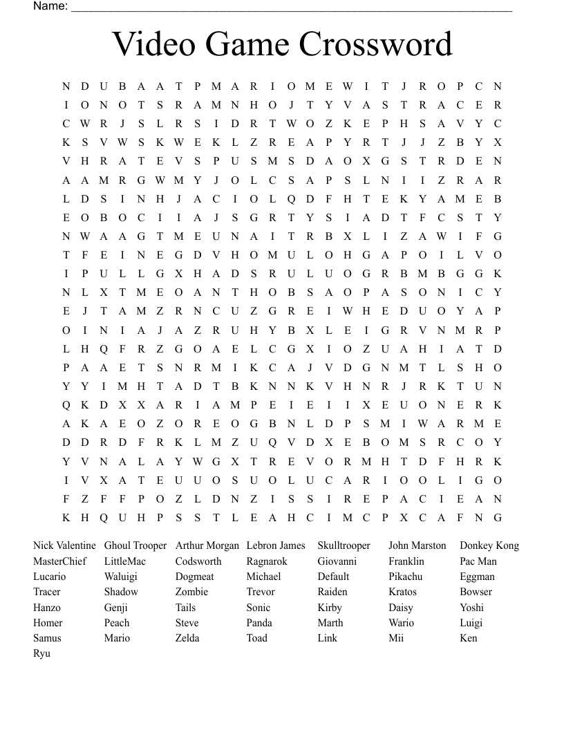 Video Game Crossword Word Search WordMint