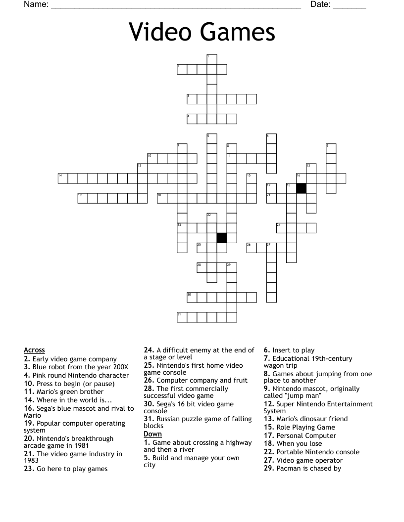 Video Games Crossword WordMint
