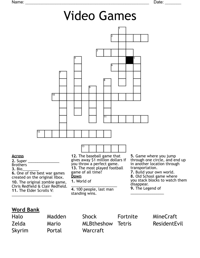 Video Games Crossword WordMint