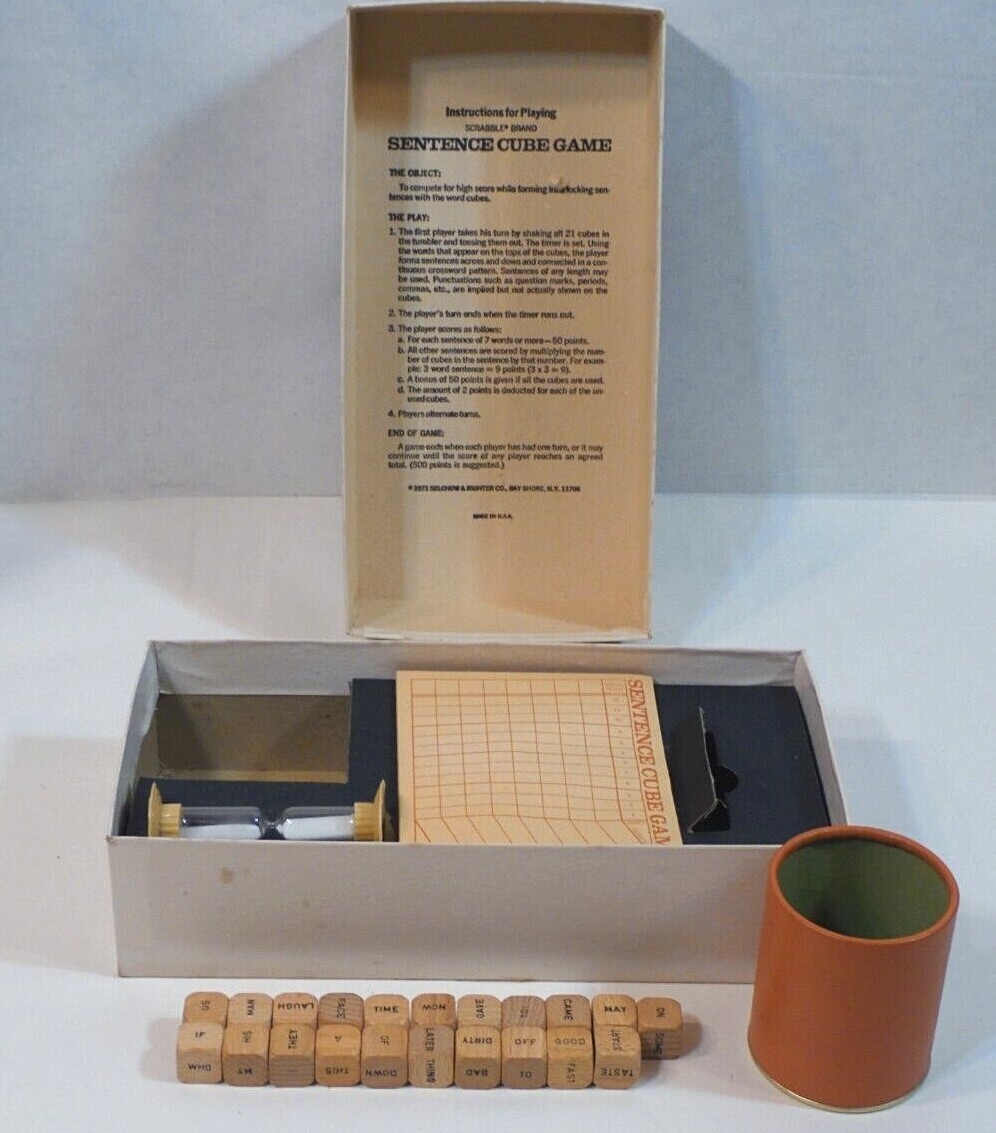 Vintage 1971 Scrabble Sentence Cube Game 21 Dice Timer With Original Box EBay