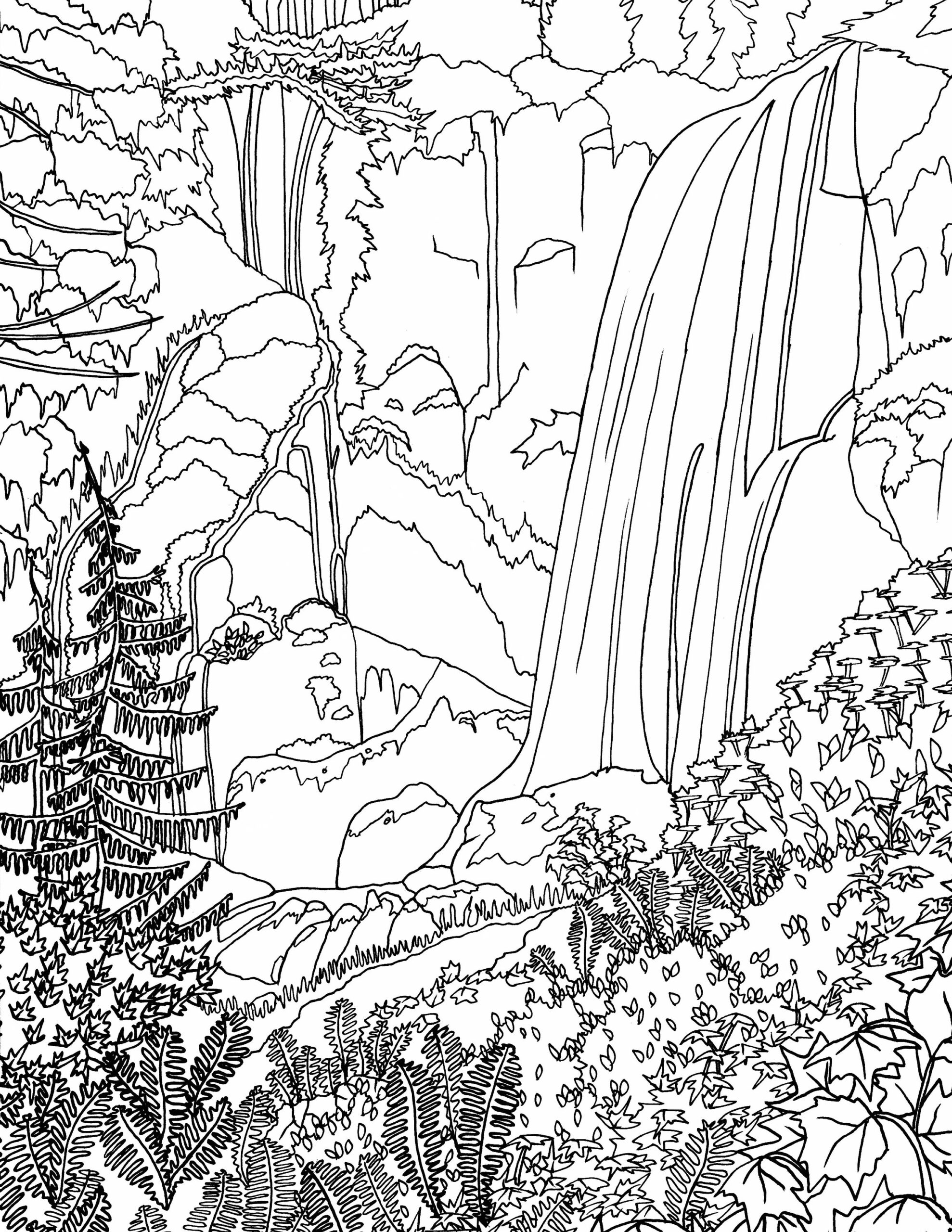Waterfall In The Forest Adult Coloring Page Adult Coloring Page Nature Adult Coloring Pages Waterfall Coloring Page Instant Download Etsy