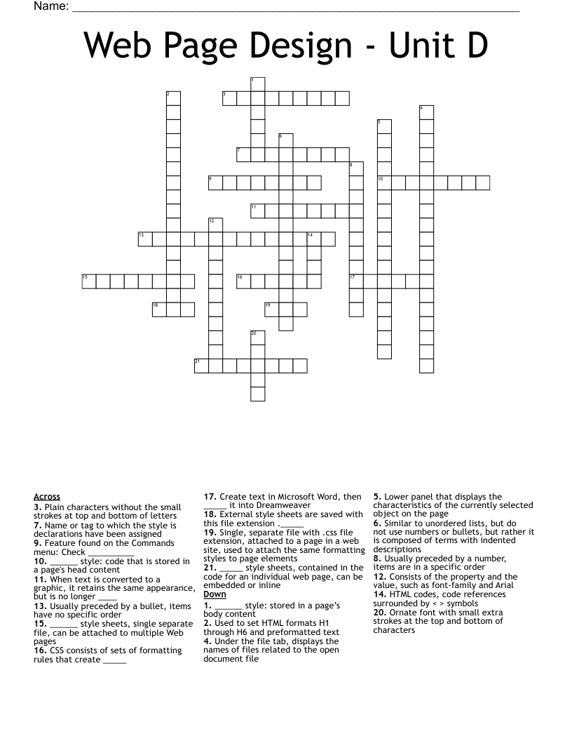 Web Page Design Unit D Crossword WordMint