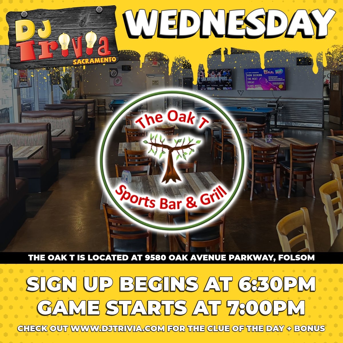 Wednesday Night Is DJ Trivia Sacramento Night With Me Host At The Oak T Sports Bar Grill In Folsom Before You Come Play Make Sure To Check The Clue Of The