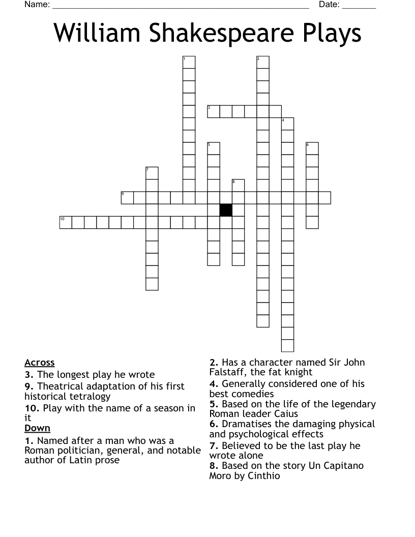 William Shakespeare Plays Crossword WordMint