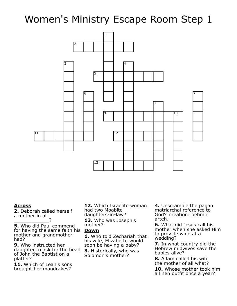 Women s Ministry Escape Room Step 1 Crossword WordMint