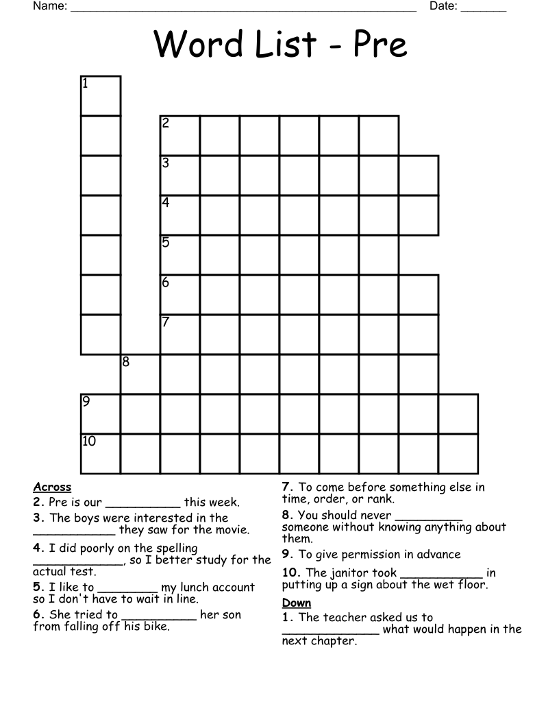Word List Pre Crossword WordMint