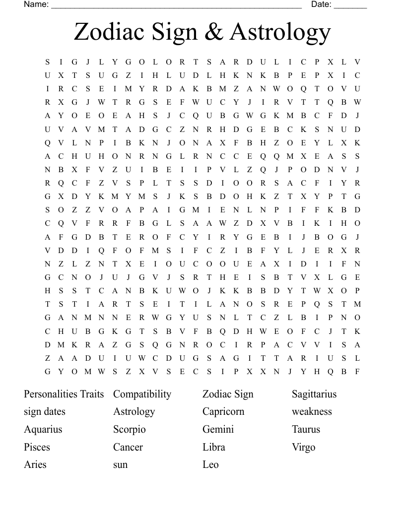 Zodiac Sign Astrology Word Search WordMint